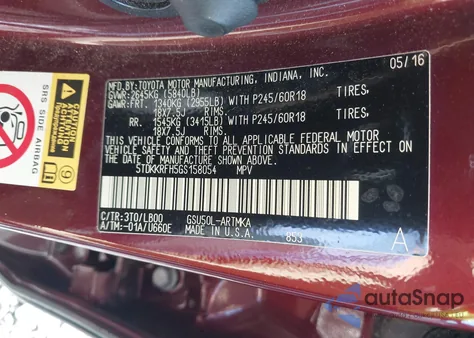 2016 Toyota Highlander Xle V6 from USA, damaged, VIN 5TDKKRFH5GS158054